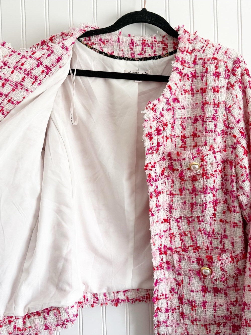 Nanette Lepore Size 12 Red White Pink Tweed Blazer - Picture 4 of 7
